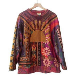 FARM RIO Sun Strawberry Mixed Scarves Oversized Sweater Sweatshirt Medium